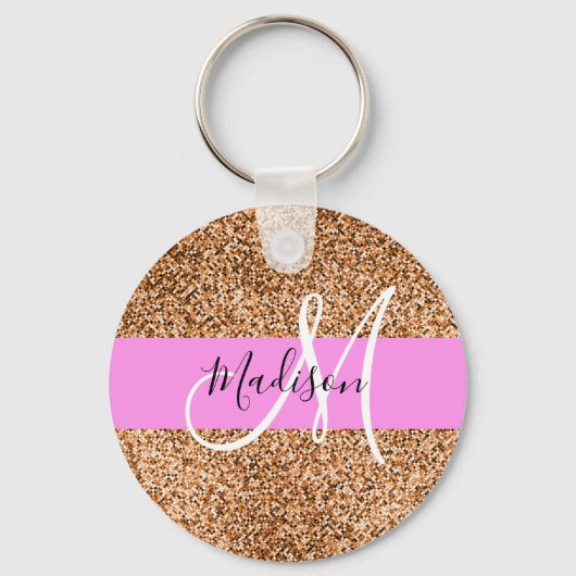 Chic Pink & Pumpkin Glitter Sparkles Monogram Sleutelhanger (Voorkant)