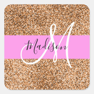 Chic Pink & Pumpkin Glitter Sparkles Monogram Vierkante Sticker