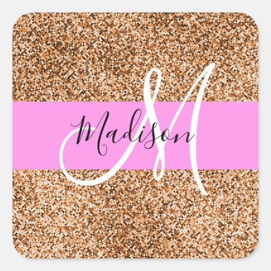 Chic Pink & Pumpkin Glitter Sparkles Monogram Vierkante Sticker (Voorkant)