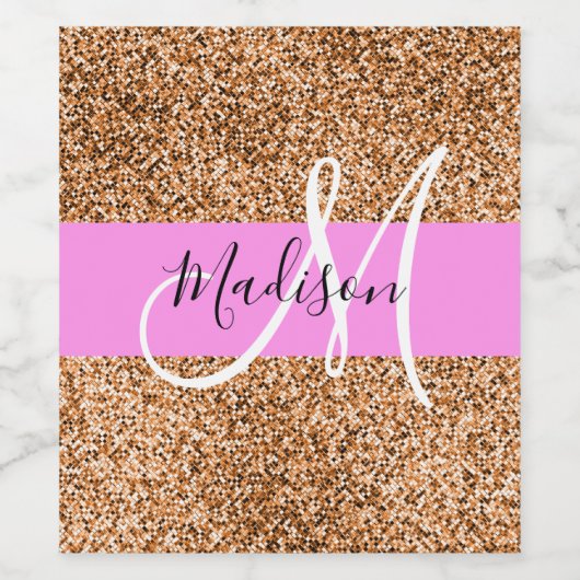 Chic Pink & Pumpkin Glitter Sparkles Monogram Wijn Etiket (Enkel label)