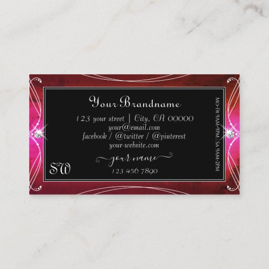 Chic Pink Red Black  Sparkle Jewels Monogram Visitekaartje (Achterkant)