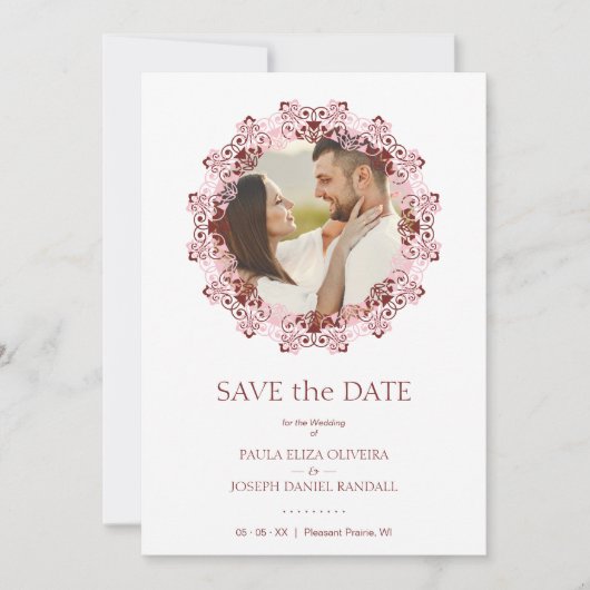 Chic Pink & Red Flourish Lace Effect Photo Couple Save The Date (Voorkant)