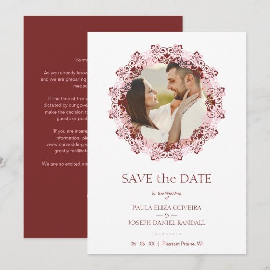 Chic Pink & Red Flourish Lace Effect Photo Couple Save The Date (Voorkant / Achterkant)