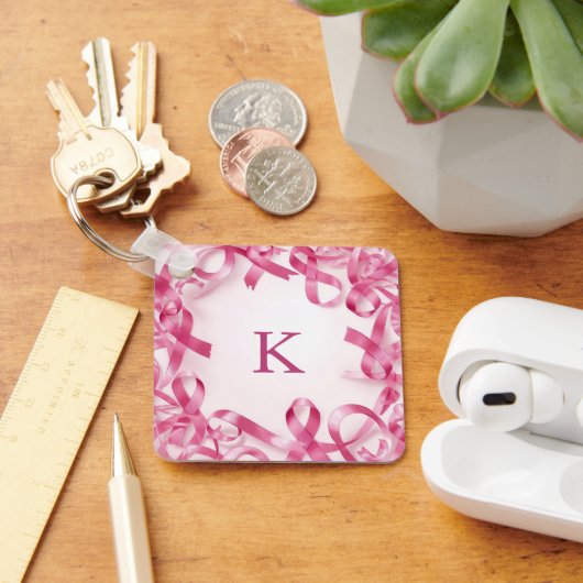 Chic Pink Ribbon Awareness Lijst Monogrammed Sleutelhanger (Bureau)