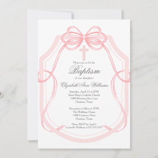 Chic Pink Ribbon Bow Baby Girl Baptism Kaart (Voorkant)