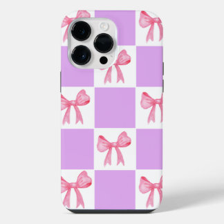 Chic Pink Ribbon Watercolor Checkered iPhone 13 Ca iPhone 14 Pro Max Hoesje