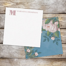 Chic Pink  Roos Floral Elegant Flower Blue Notitiekaartje