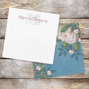 Chic Pink Roos Floral Elegant Flower Blue Notitiekaartje