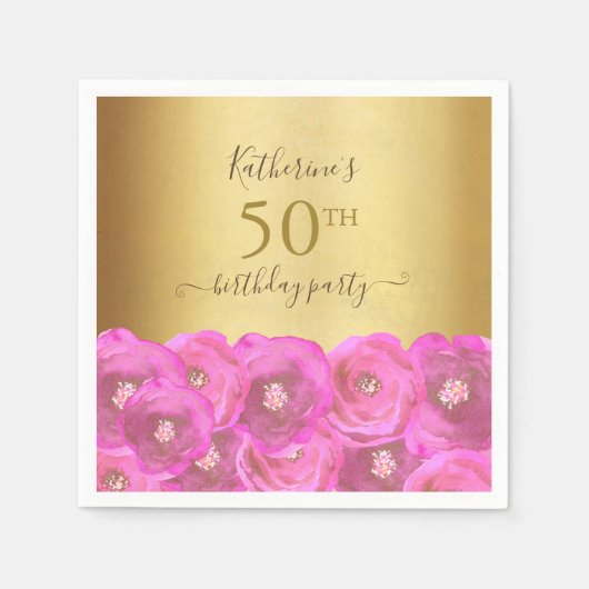 Chic Pink Rose Floral Gold 50th Birthday Party Servet (Voorkant)