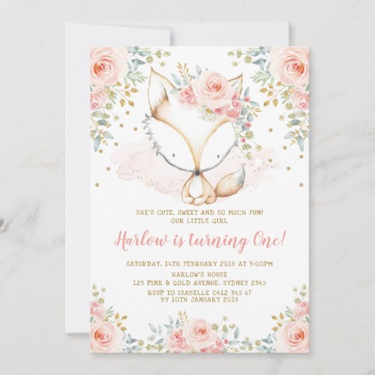 Chic Pink Rose Girl Fox Baby 1st Birthday Woodland Kaart (Voorkant)