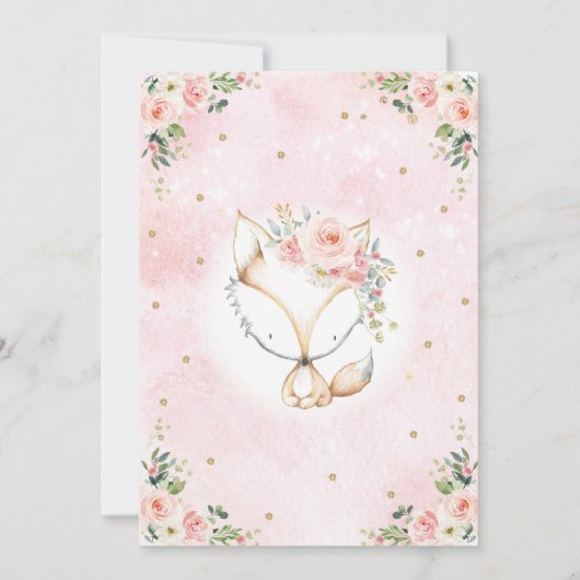 Chic Pink Rose Girl Fox Baby 1st Birthday Woodland Kaart (Achterkant)