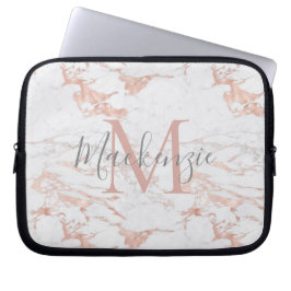 Chic Pink Rose Gold Foil Marble Monogram Laptop Sleeve