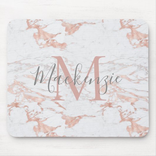 Chic Pink Rose Gold Foil Marble Monogram Muismat (Voorkant)