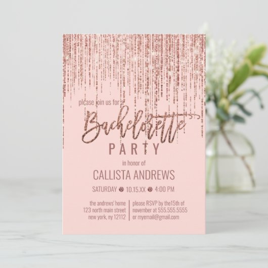 Chic Pink Rose Gold Glitter Fringe Bachelorette Kaart (Staand voorkant)