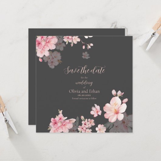 Chic Pink Sakura Flowers op Save the Date Kaart (Voorkant / Achterkant in situ)