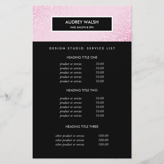 Chic Pink Sequin Black Salon Pricing & bServices Flyer (Voorkant)