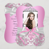 Chic Pink Silver Bow & Roos Foto Quinceanera Kaart (Voorkant / Achterkant)