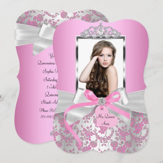 Chic Pink Silver Bow & Roos Foto Quinceanera Kaart (Voorkant / Achterkant)