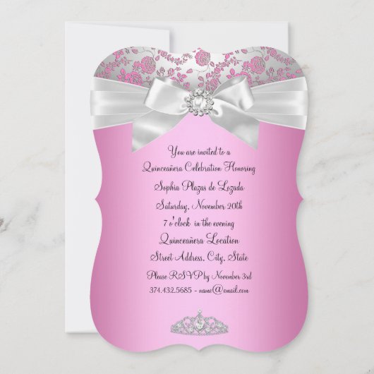 Chic Pink Silver Bow & Roos Foto Quinceanera Kaart (Achterkant)