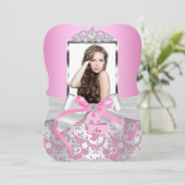 Chic Pink Silver Bow & Roos Foto Quinceanera Kaart (Staand voorkant)