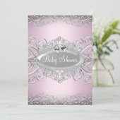 Chic Pink & Silver Damask Princess Baby shower Kaart (Staand voorkant)