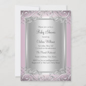 Chic Pink & Silver Damask Princess Baby shower Kaart (Achterkant)
