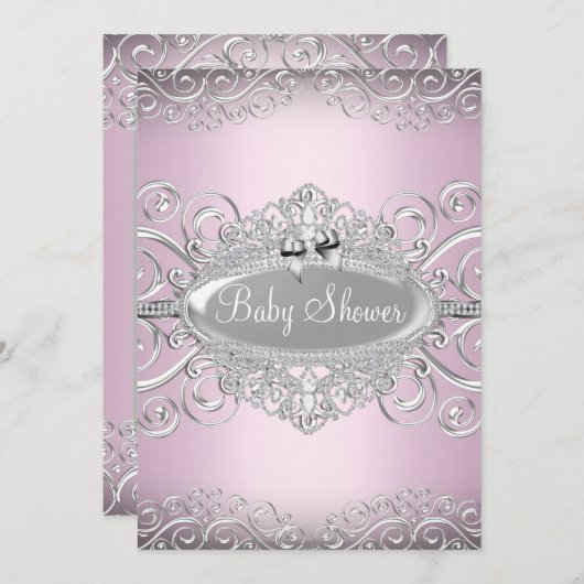 Chic Pink & Silver Damask Princess Baby shower Kaart (Voorkant / Achterkant)