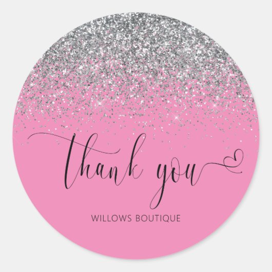 Chic Pink Silver Glitter Bedankt Ronde Sticker (Voorkant)