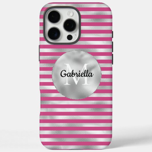 Chic Pink Silver Stripes Monogram Case-Mate iPhone Case (Achterkant)