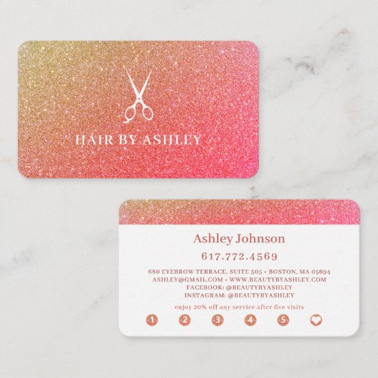 Chic Pink Sparkle Hair Beauty Salon Loyalty Visitekaartje (Voorkant / Achterkant)