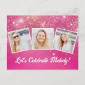 Chic Pink Sparkle Photo Collage Verjaardagsfeestje Uitnodiging Briefkaart (Voorkant)