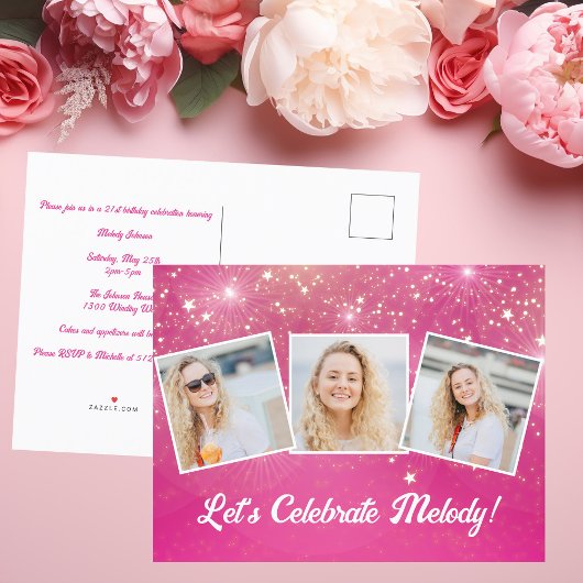 Chic Pink Sparkle Photo Collage Verjaardagsfeestje Uitnodiging Briefkaart