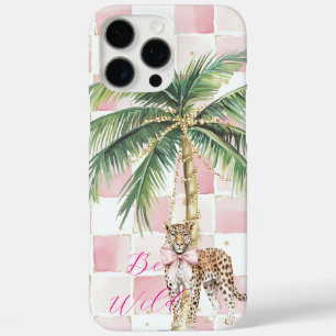 Chic Pink Squares Gouden Palm Tree Leopard iPhone 16 Pro Max Hoesje