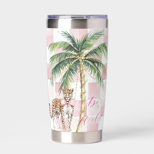 Chic Pink Squares Gouden Palm Tree Leopard Geïsoleerde Drinkbeker (Voorkant)
