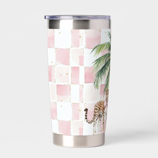 Chic Pink Squares Gouden Palm Tree Leopard Geïsoleerde Drinkbeker (Rechts)