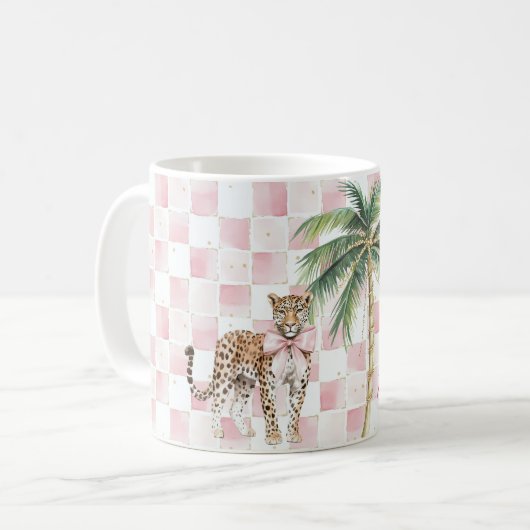 Chic Pink Squares Gouden Palm Tree Leopard Koffiemok (Voorkant links)