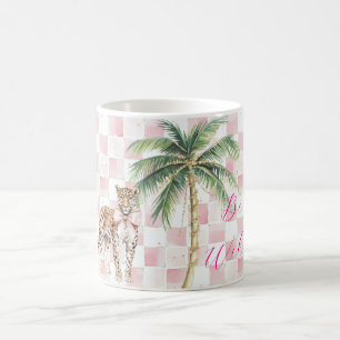 Chic Pink Squares Gouden Palm Tree Leopard Koffiemok