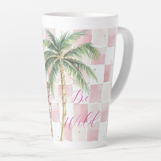 Chic Pink Squares Gouden Palm Tree Leopard Latte Mok (Rechterhoek)