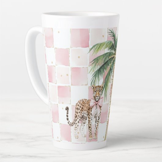 Chic Pink Squares Gouden Palm Tree Leopard Latte Mok (Linkerhoek)