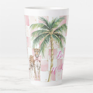 Chic Pink Squares Gouden Palm Tree Leopard Latte Mok