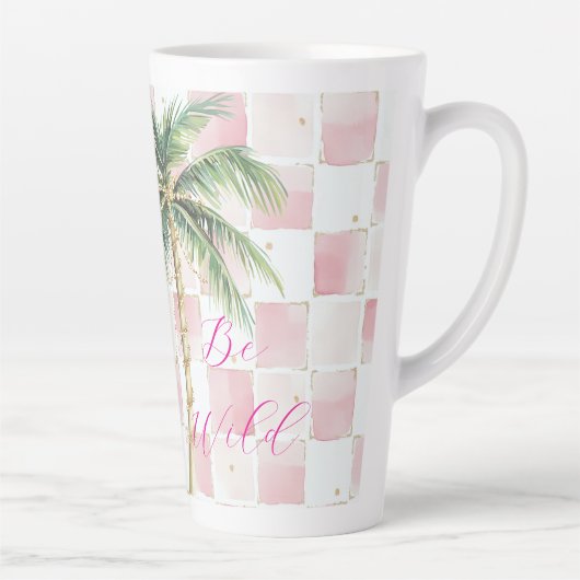 Chic Pink Squares Gouden Palm Tree Leopard Latte Mok (Rechts)