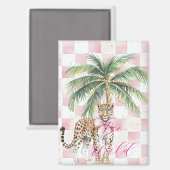Chic Pink Squares Gouden Palm Tree Leopard Magneet (Voorkant / Achterkant)