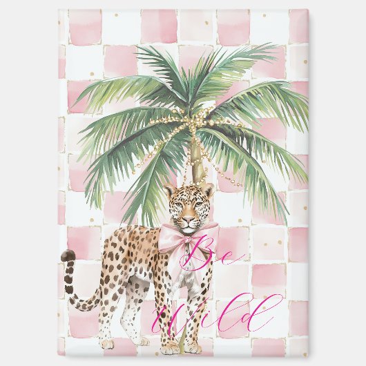 Chic Pink Squares Gouden Palm Tree Leopard Magneet (Voorkant)