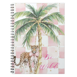 Chic Pink Squares Gouden Palm Tree Leopard Notitieboek