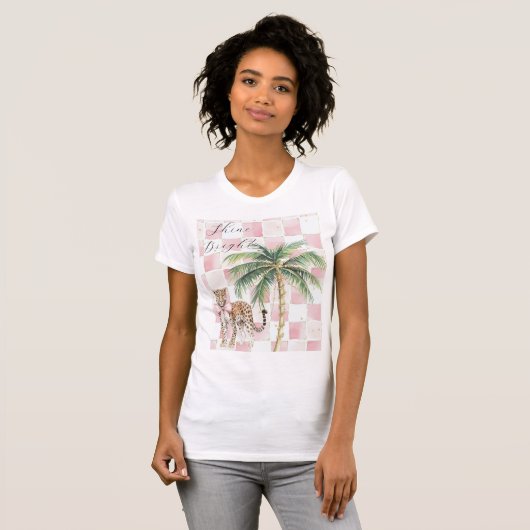 Chic Pink Squares Gouden Palm Tree Leopard T-shirt (Voorkant volledig)