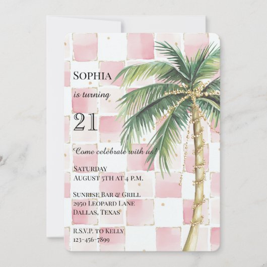 Chic Pink Squares Gouden Palm Tree verjaardag Kaart (Voorkant)