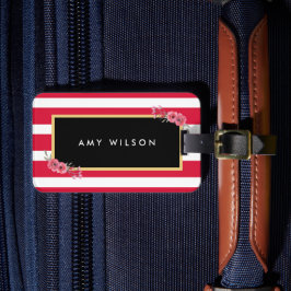 Chic Pink Stripes Waterverf Floral Bagagelabel