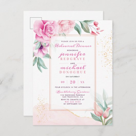 Chic Pink Trendy Rozen Botanische repetitie Diner Uitnodiging Briefkaart (Voorkant / Achterkant)