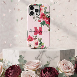 Chic Pink Watercolor Burgundy Floral Custom Name iPhone 16 Pro Max Hoesje