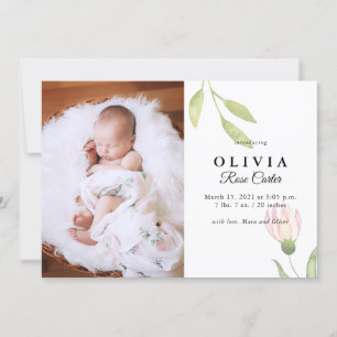 Chic Pink Watercolor Floral Birth Announcement Kaart